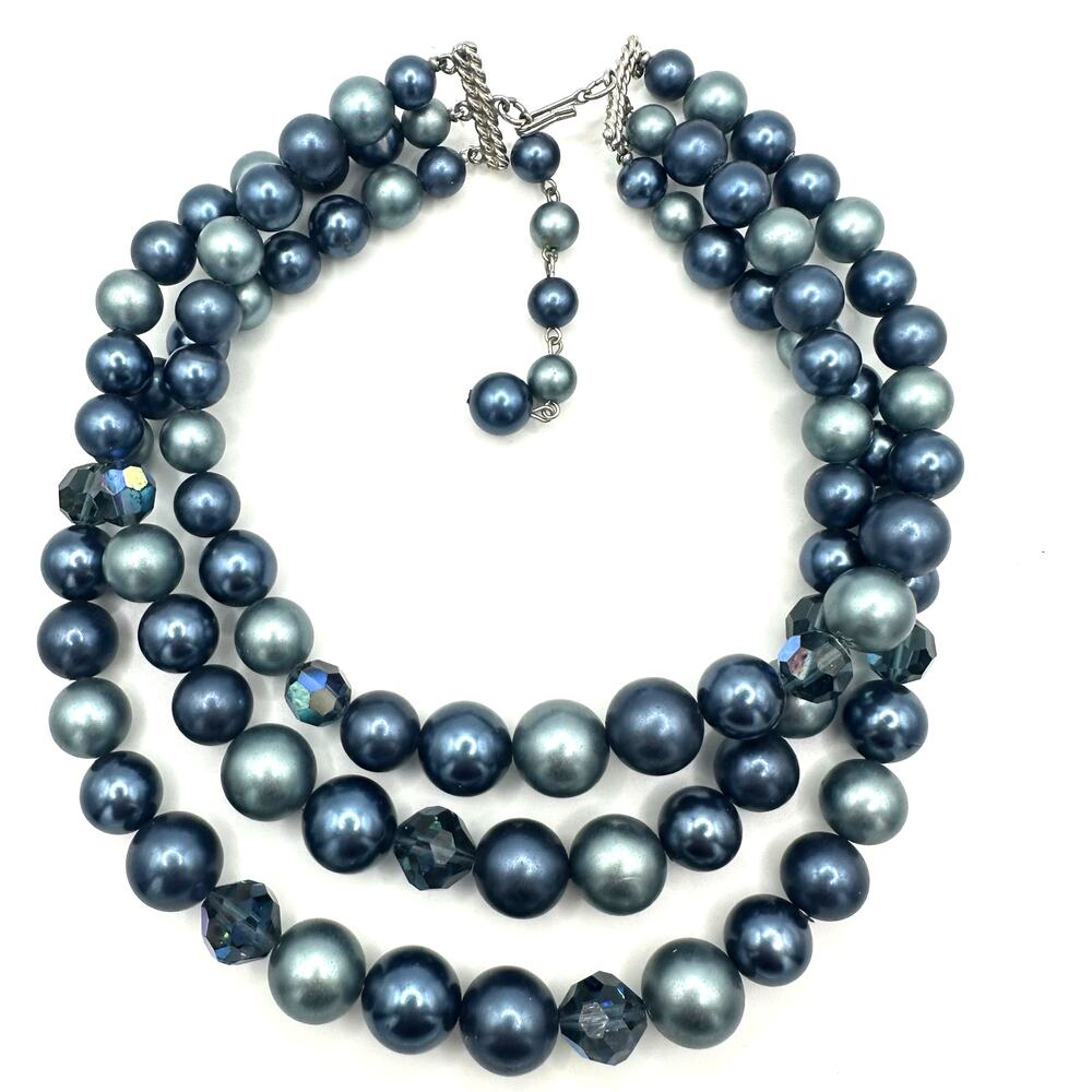 Vintage 3 strand blue lucite pearls AB aurora borealis glass beaded necklace